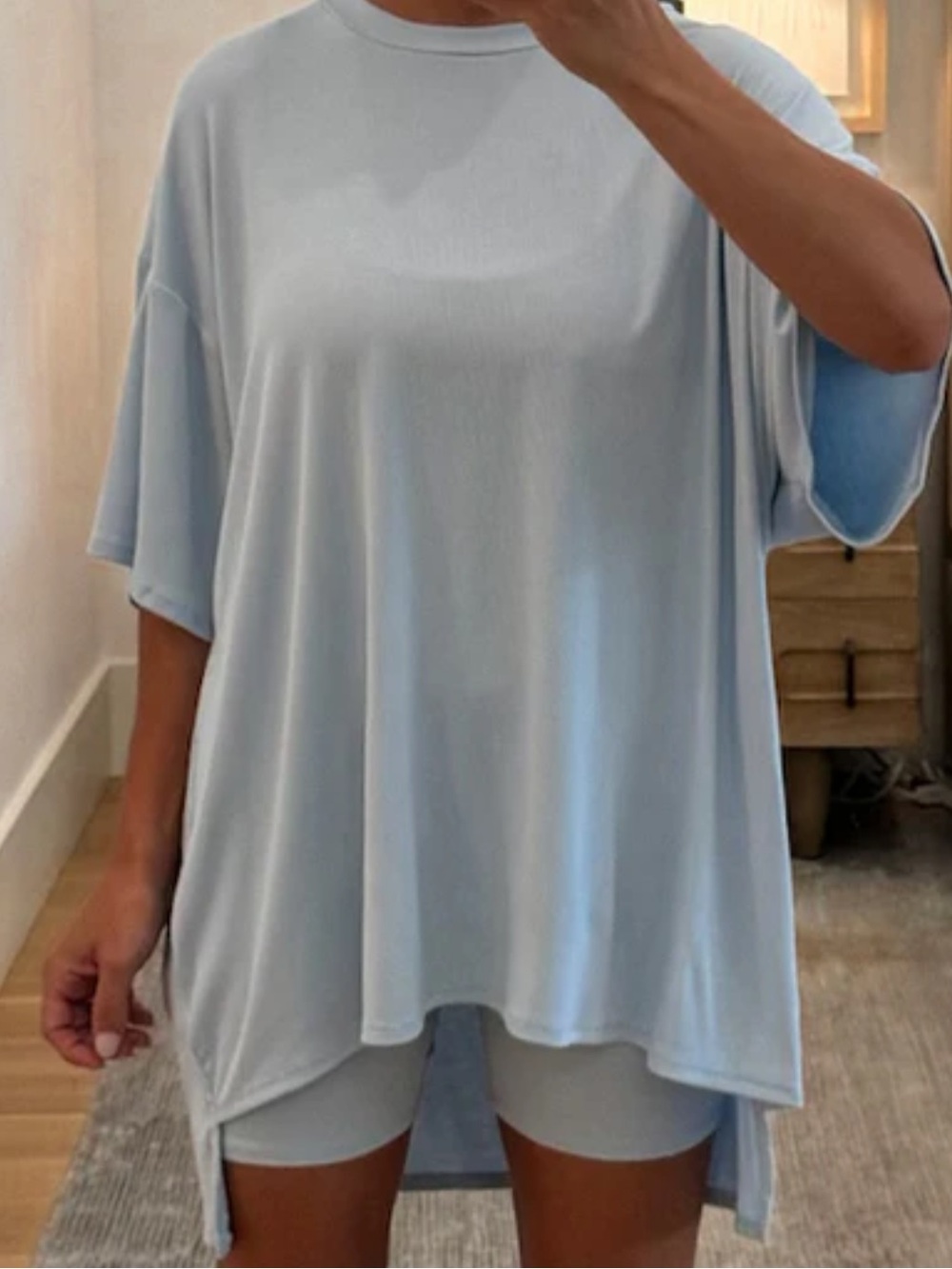 Light Blue Ribbed Short Sleeve Tunic Top and Shorts Novi Set